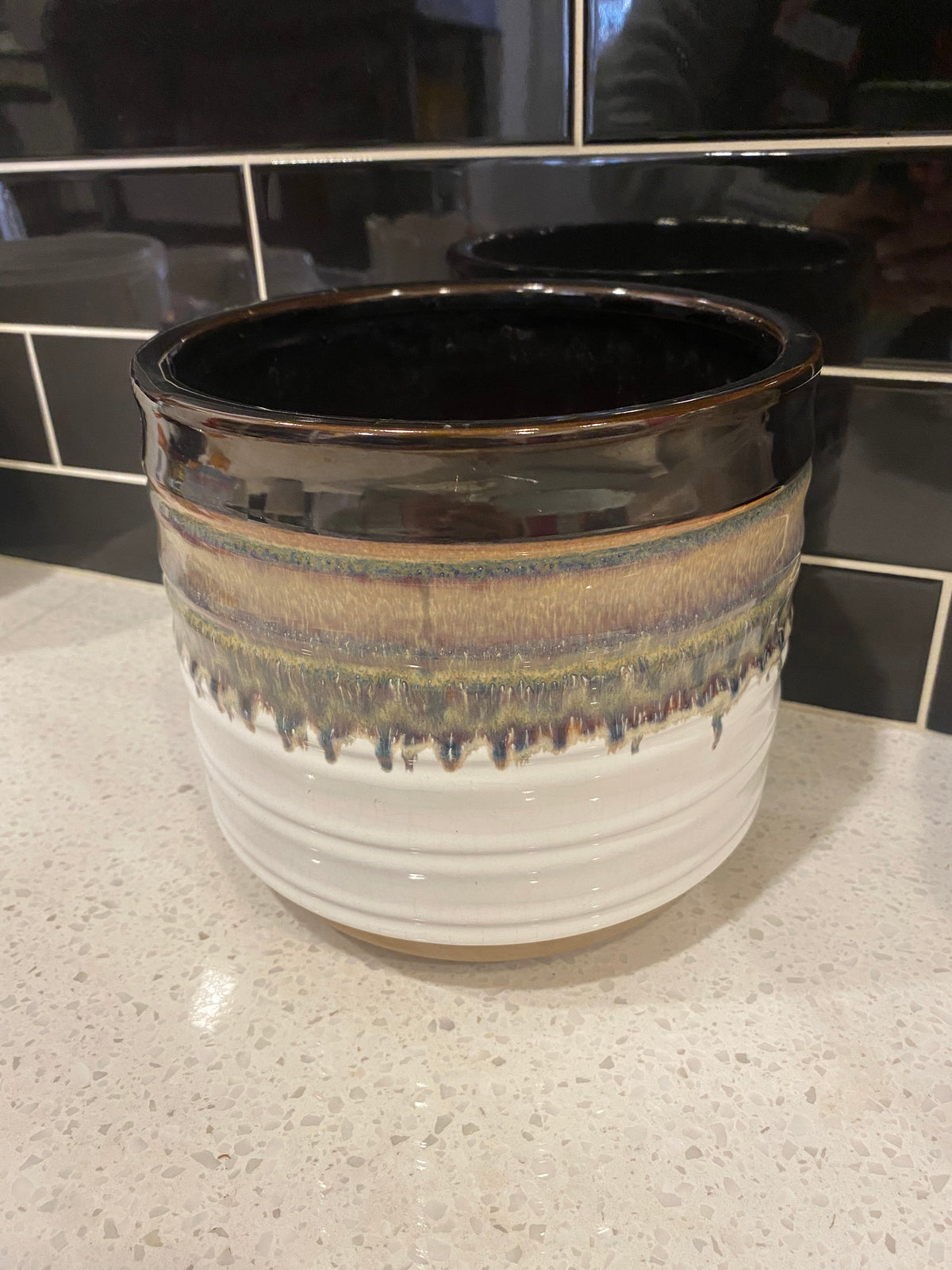 Medium White Pot W/ Brown and Black Drips