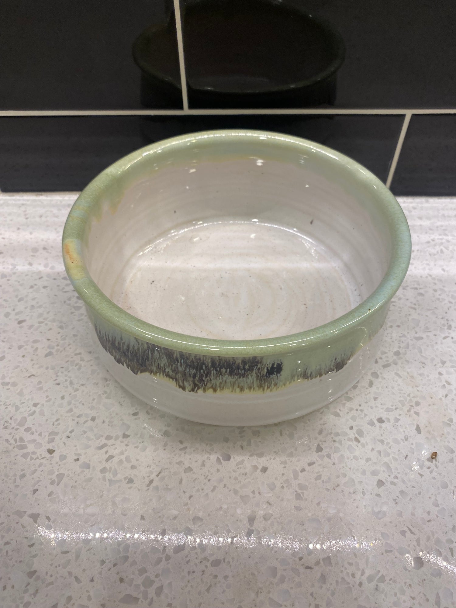 Shallow White Pot W/ Green and Black Drips