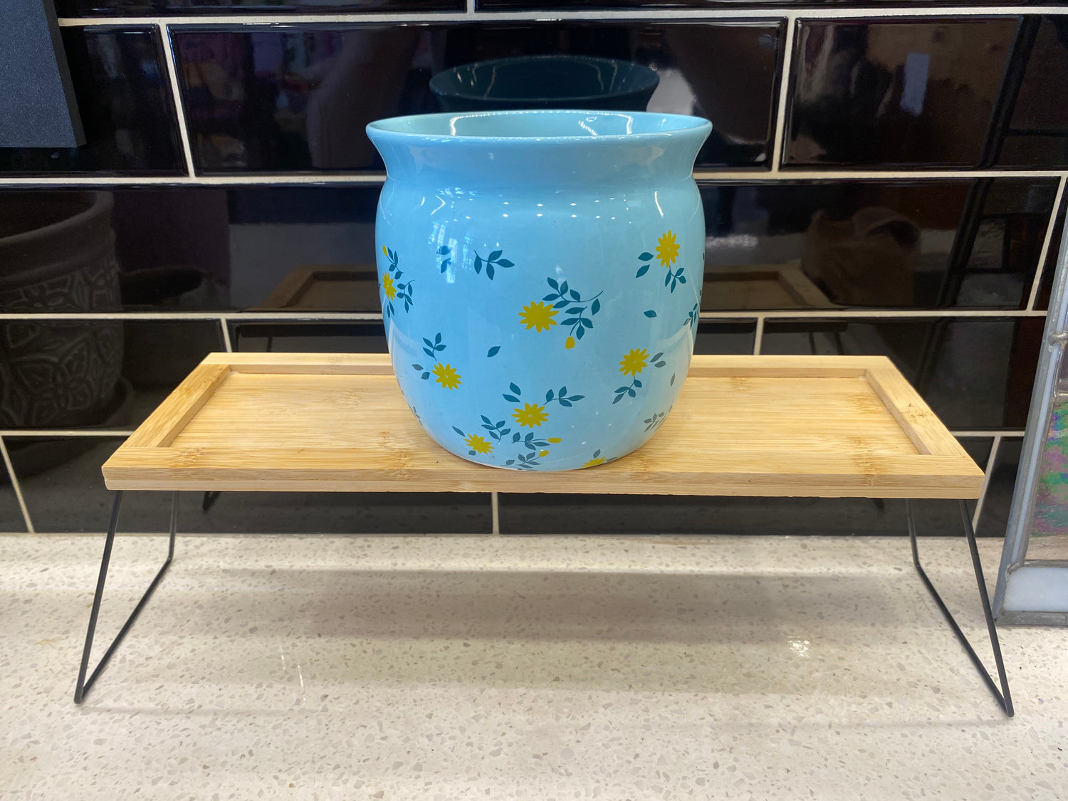 Blue Ceramic Pot with Yellow Flowers