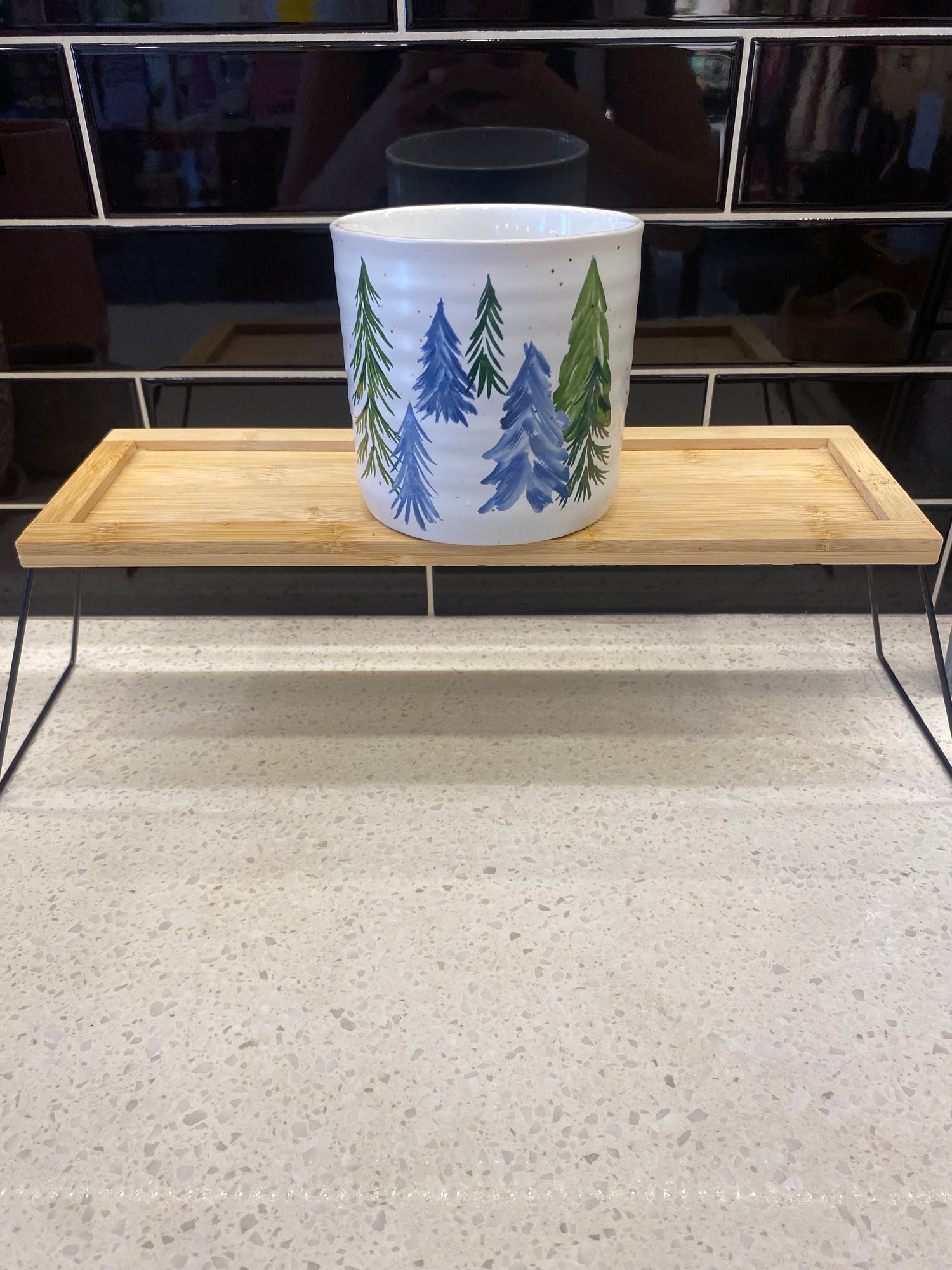 White Pot With a Blue and Green Tree Design