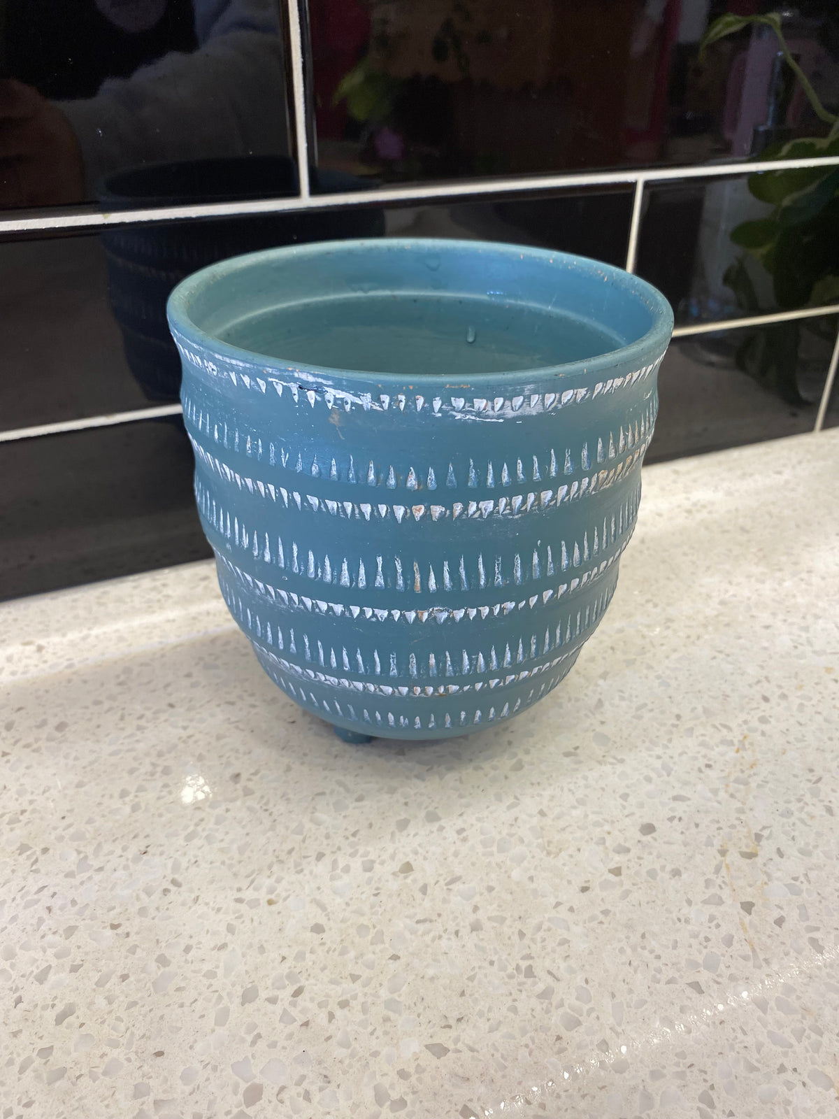Footed Blue Ceramic Pot with White Triangles