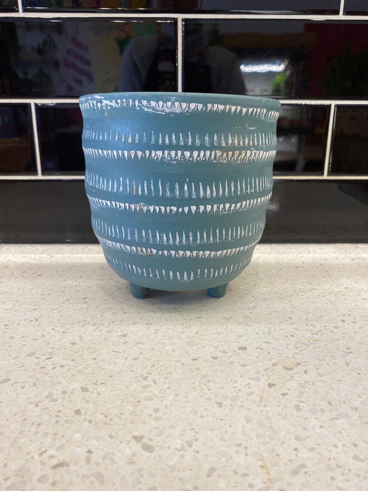 Footed Blue Ceramic Pot with White Triangles