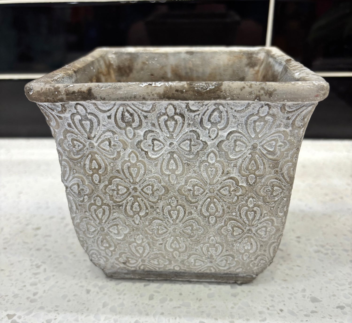 Medium Square Grey Pot w/ Design