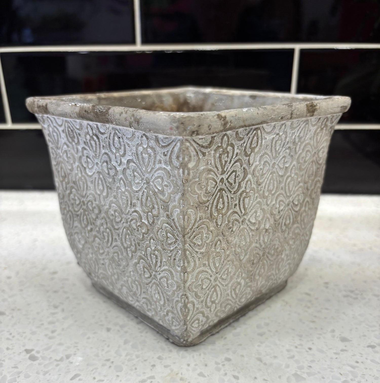 Medium Square Grey Pot w/ Design