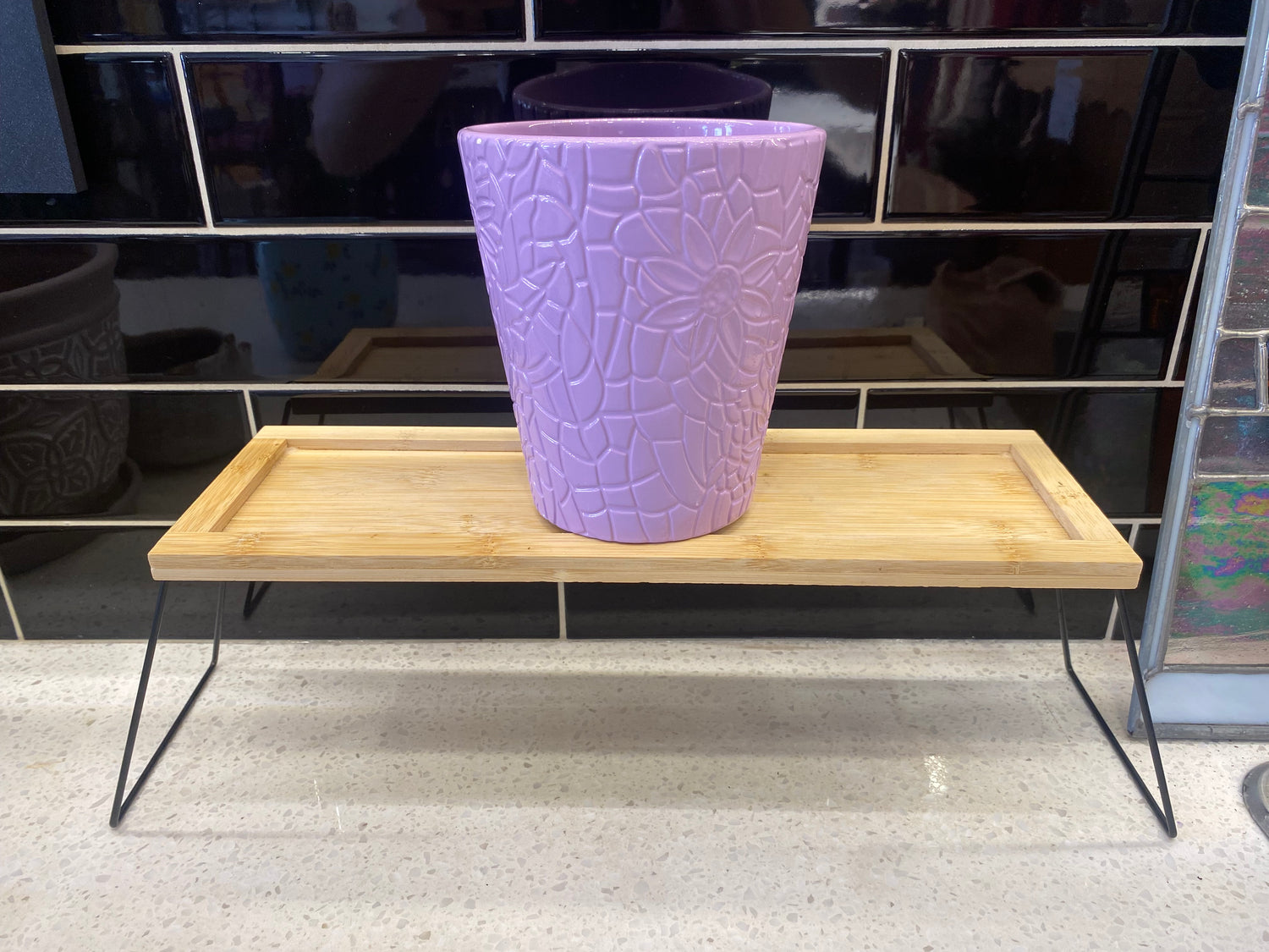 Tall Purple Pot with Flower Design