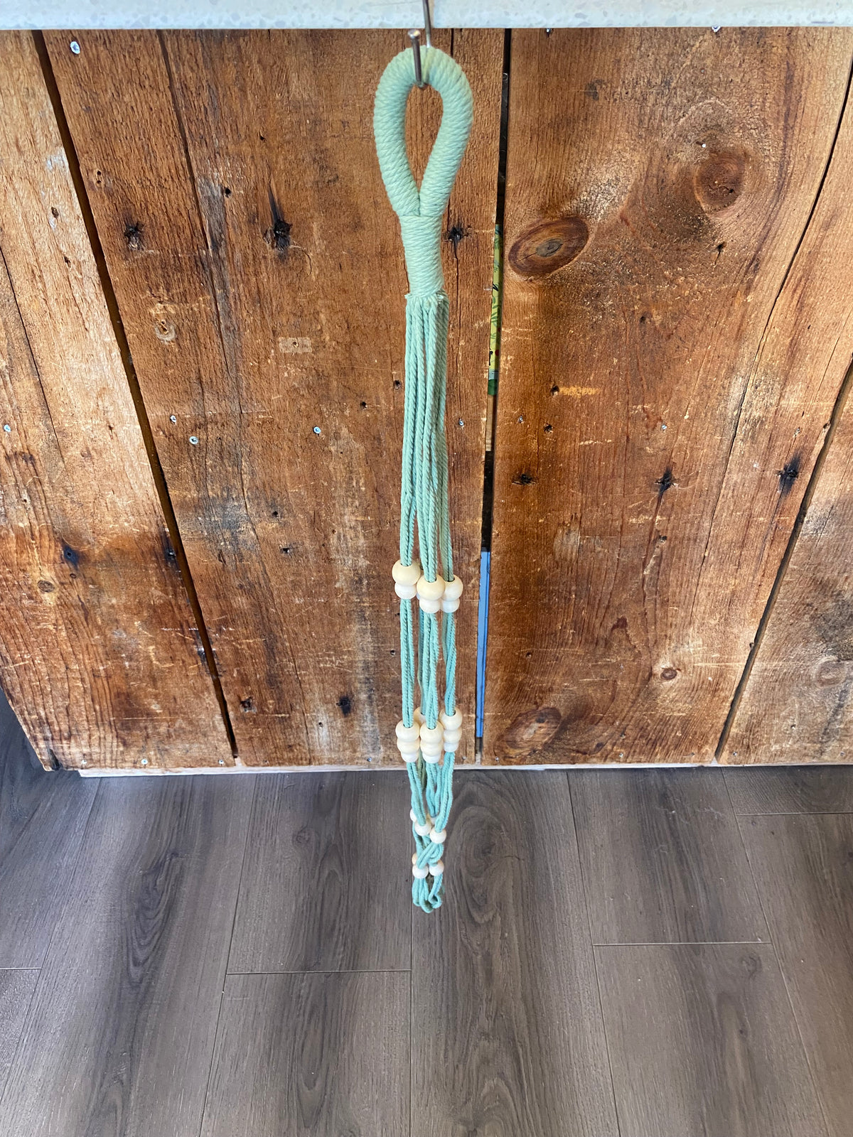 Single Hanger Green Macrame W/ Wood Beads