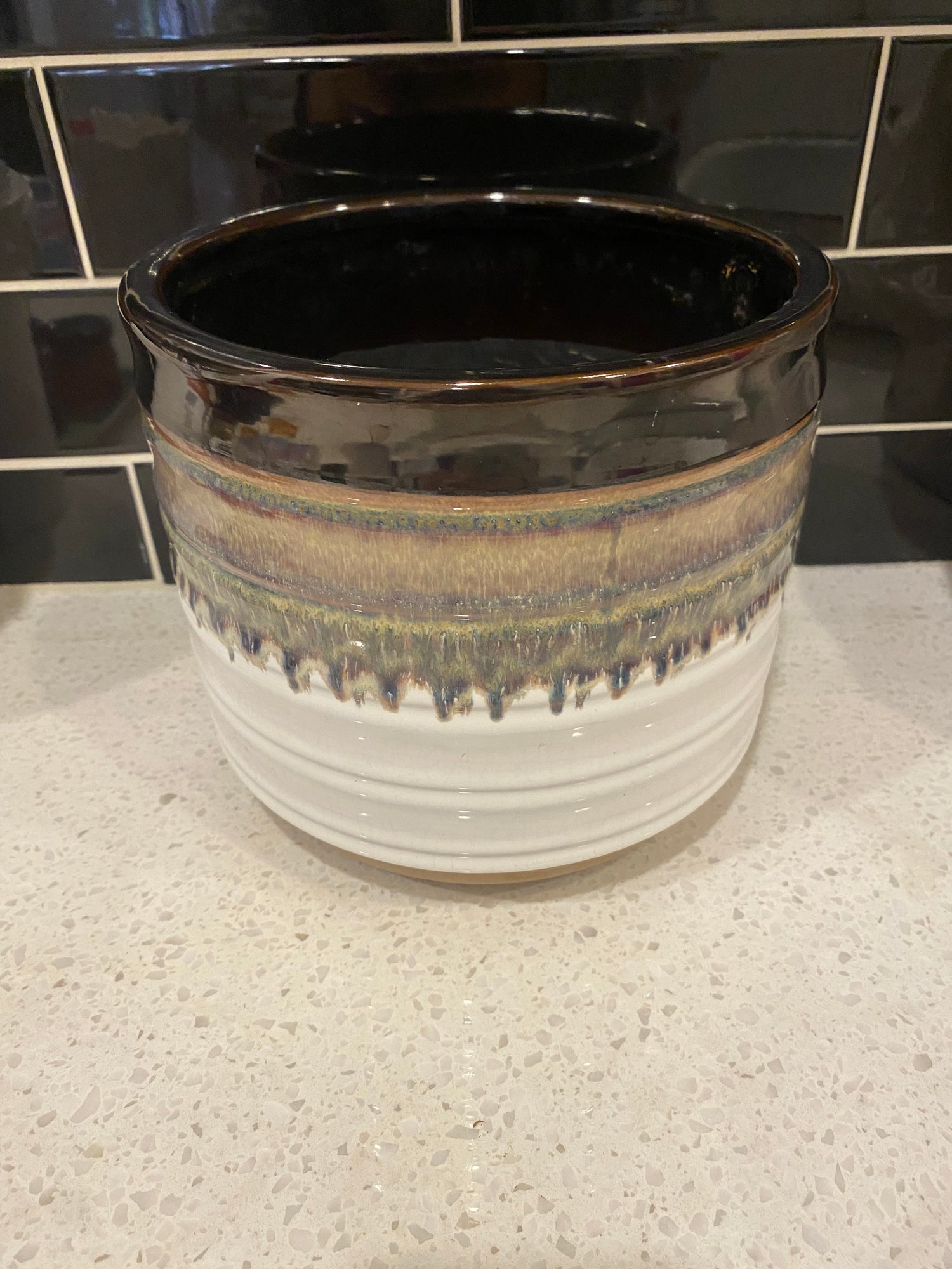 Medium White Pot W/ Brown and Black Drips