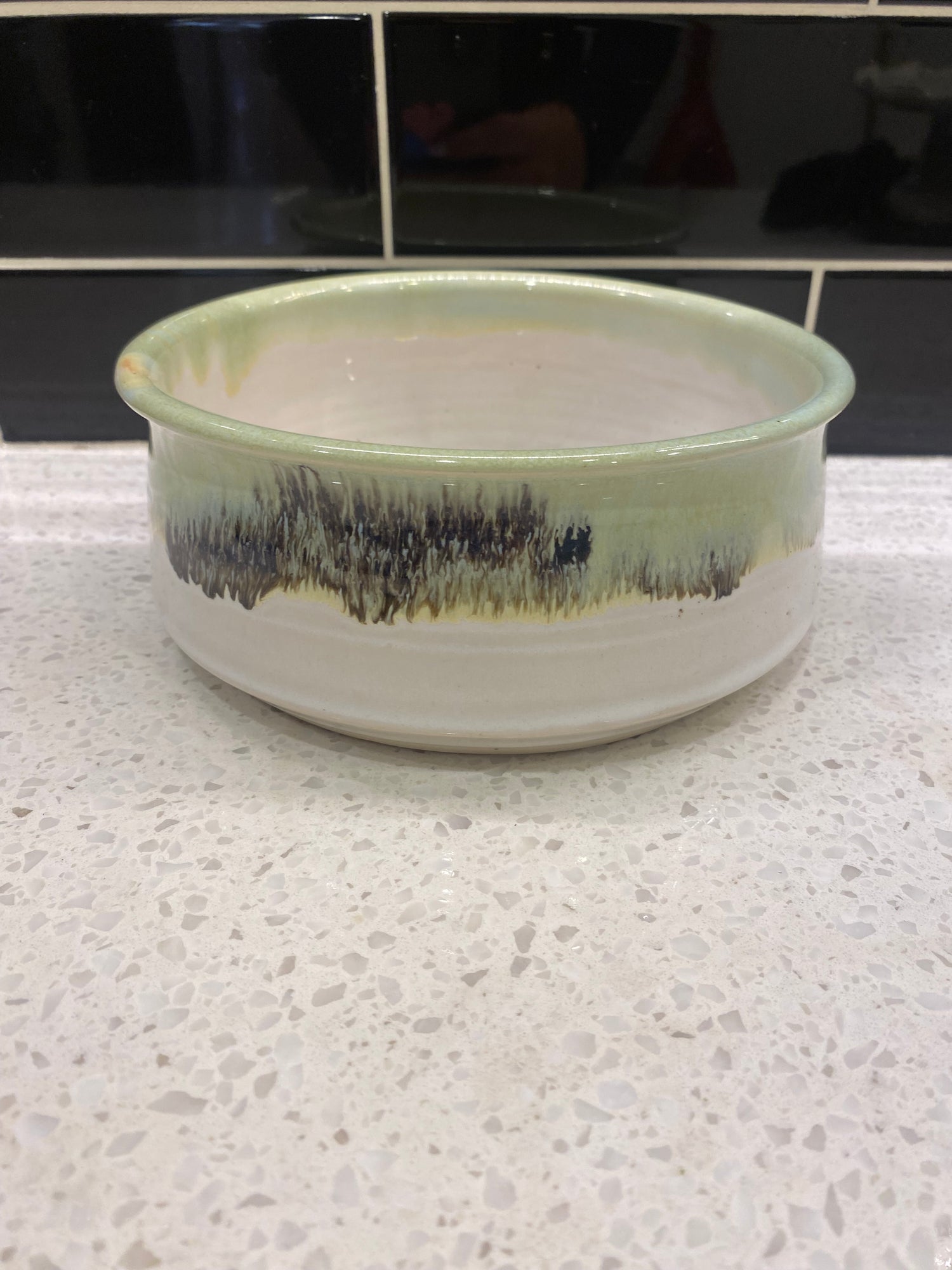 Shallow White Pot W/ Green and Black Drips