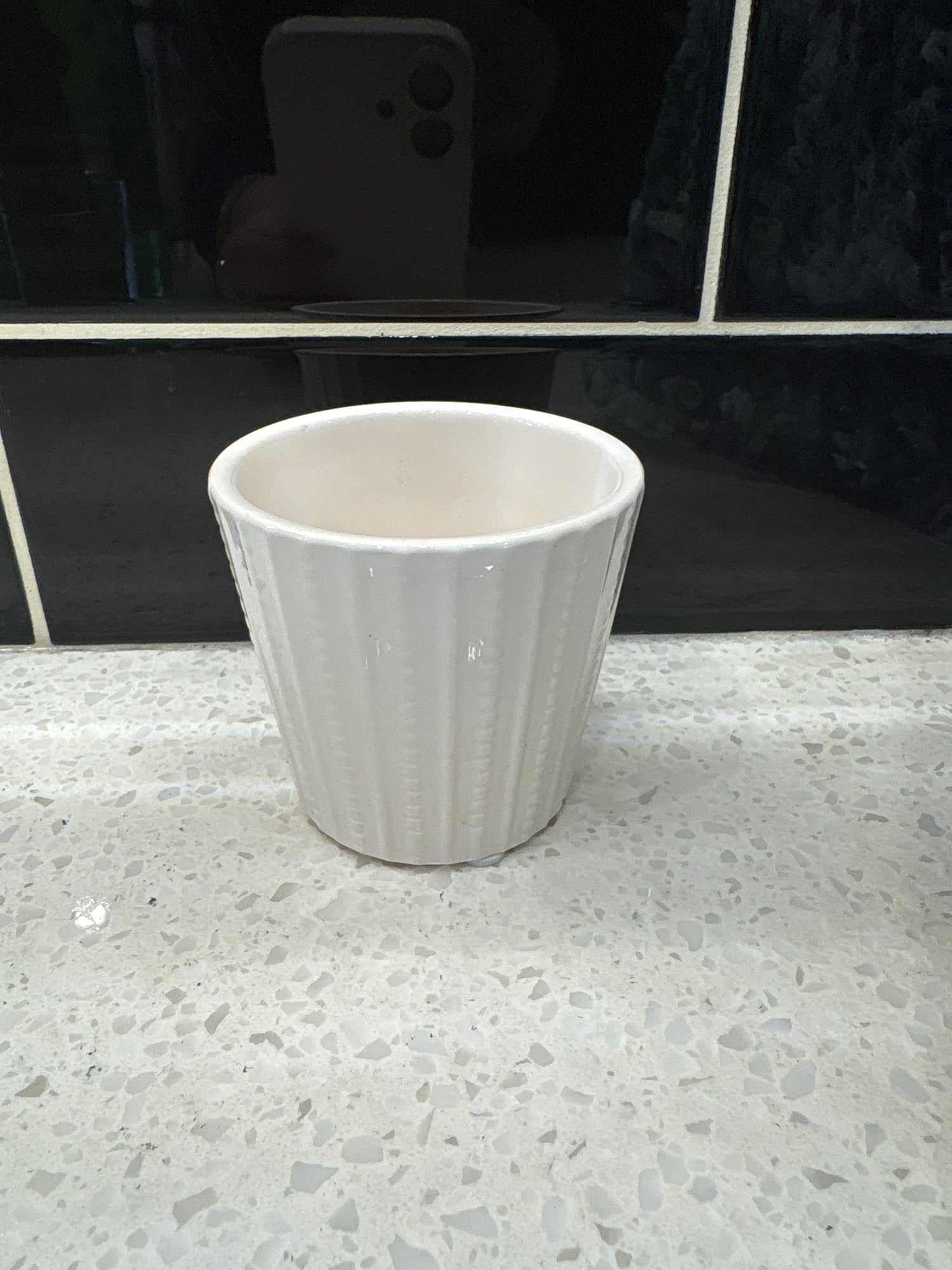Small White Detailed Ribbed Pot