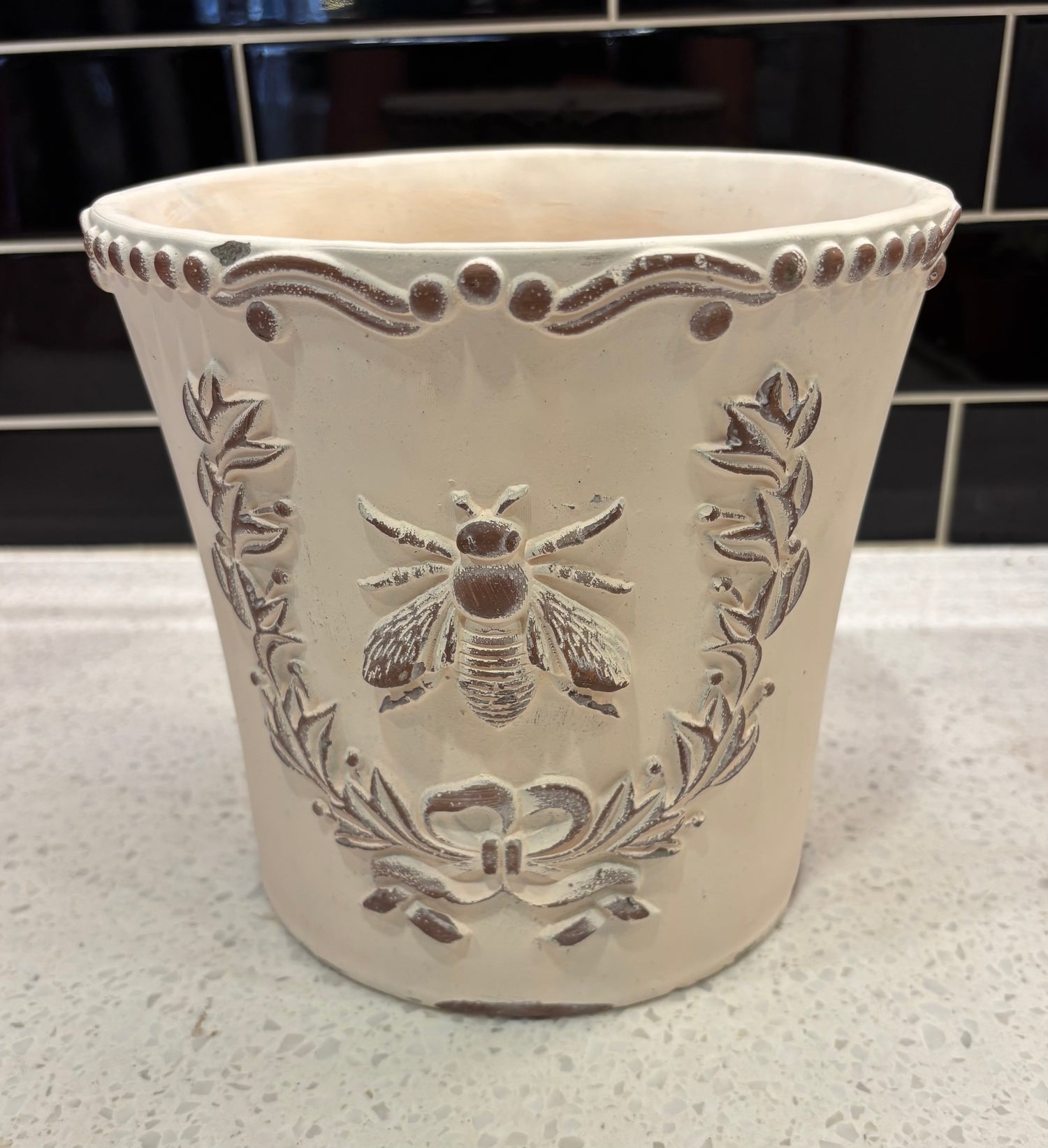 Medium Cream Coloured Bee w/ Design Pot