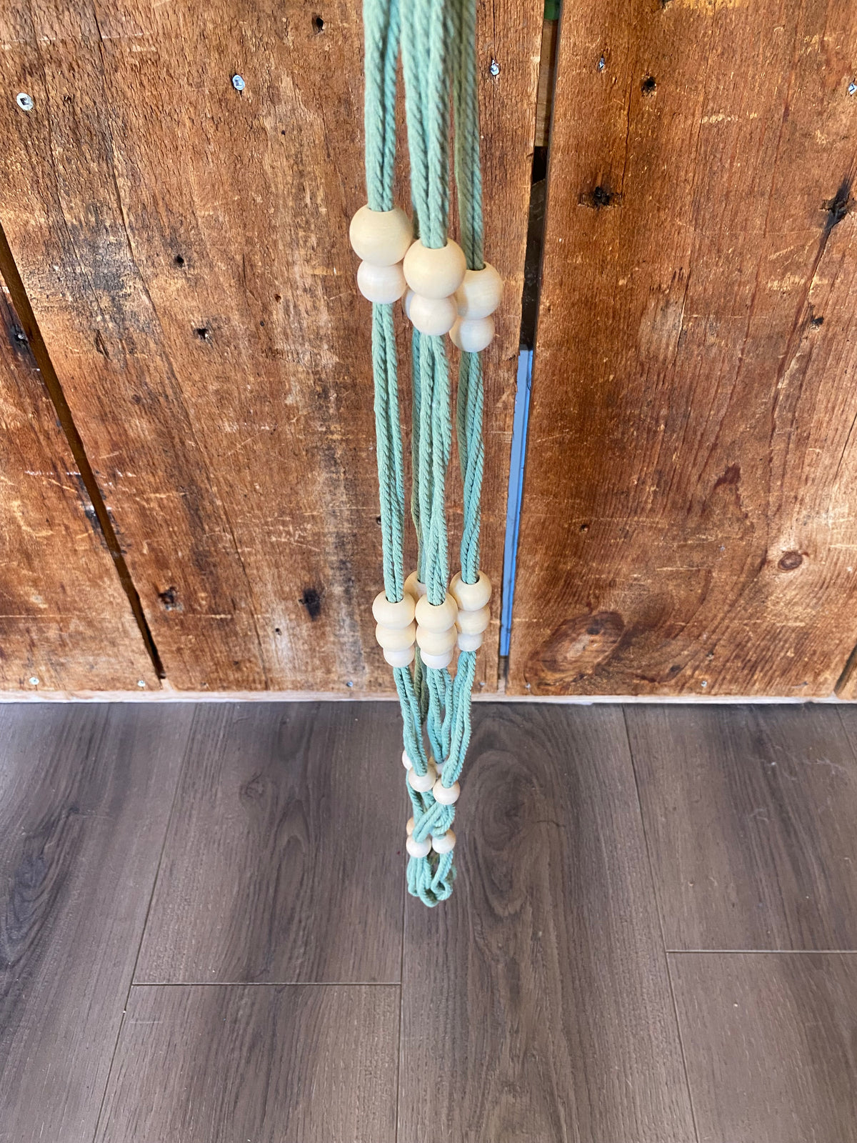 Single Hanger Green Macrame W/ Wood Beads