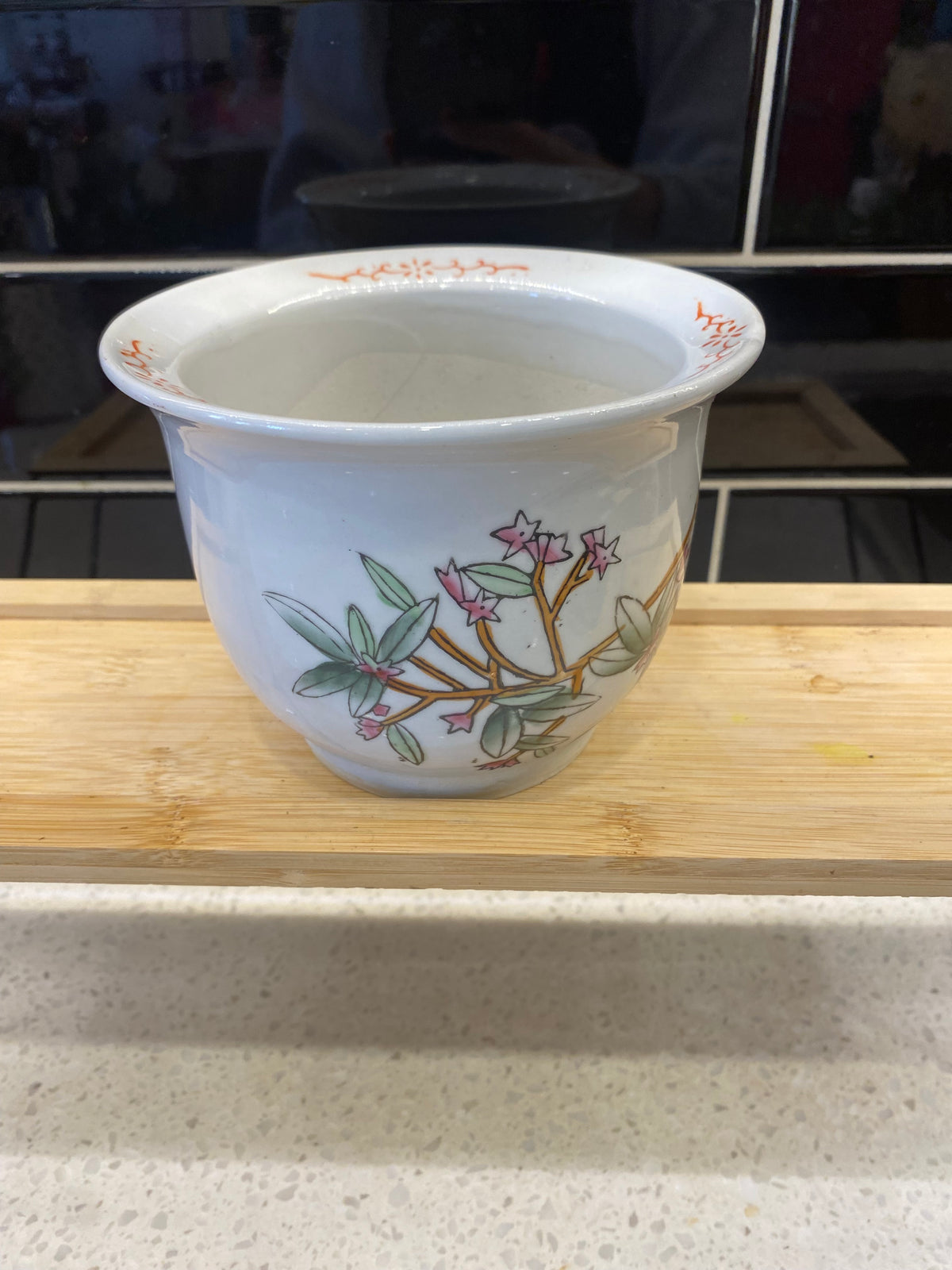 Glazed White Pot with Cherry Blossom Design