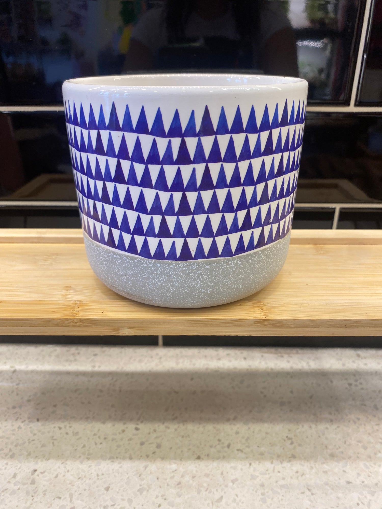 White Ceramic Pot With Blue Triangles