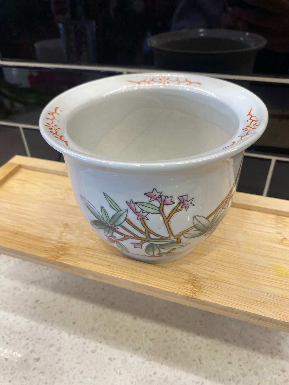 Glazed White Pot with Cherry Blossom Design