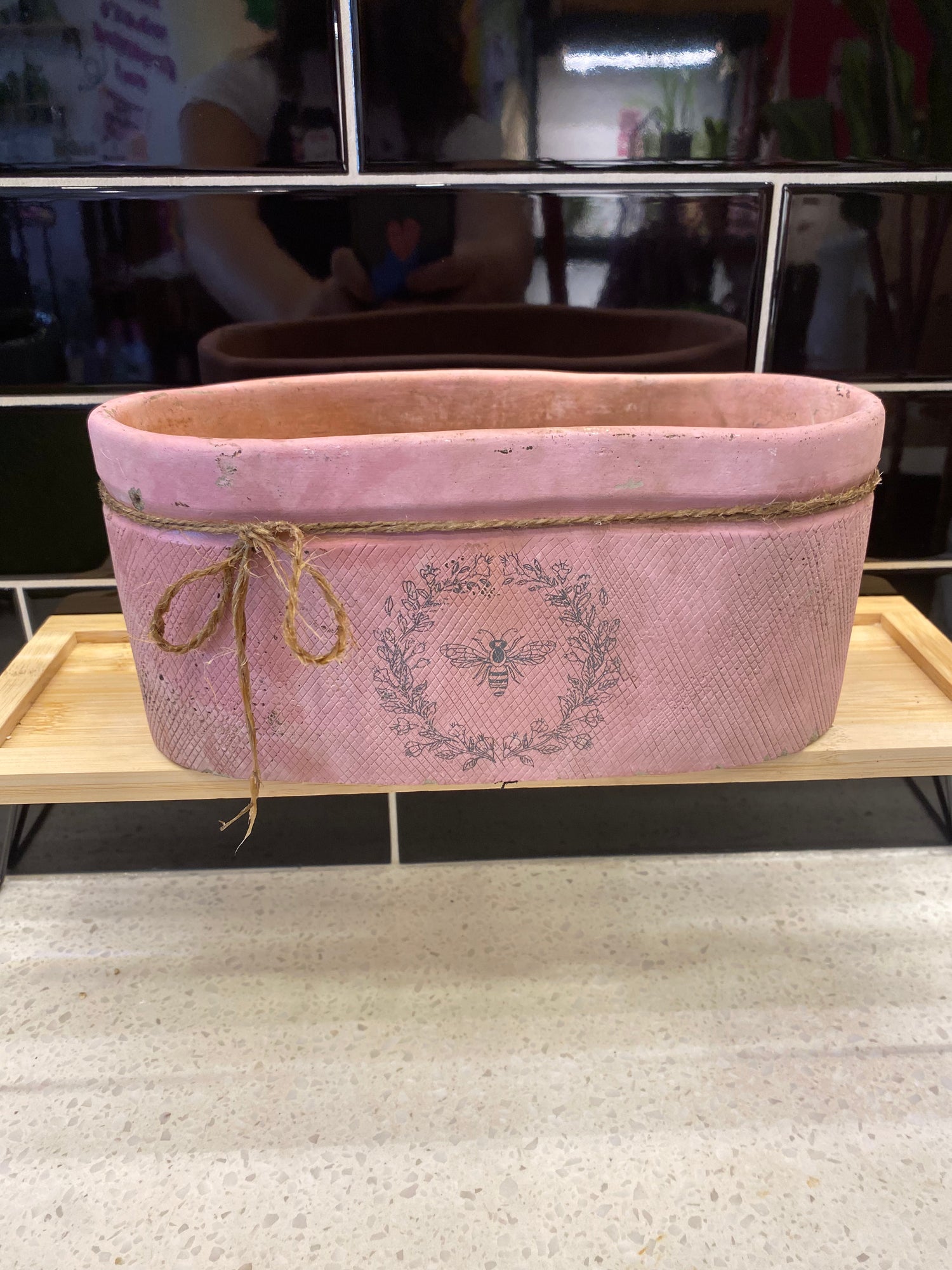 Medium Pink Oval Pot with Bee Design