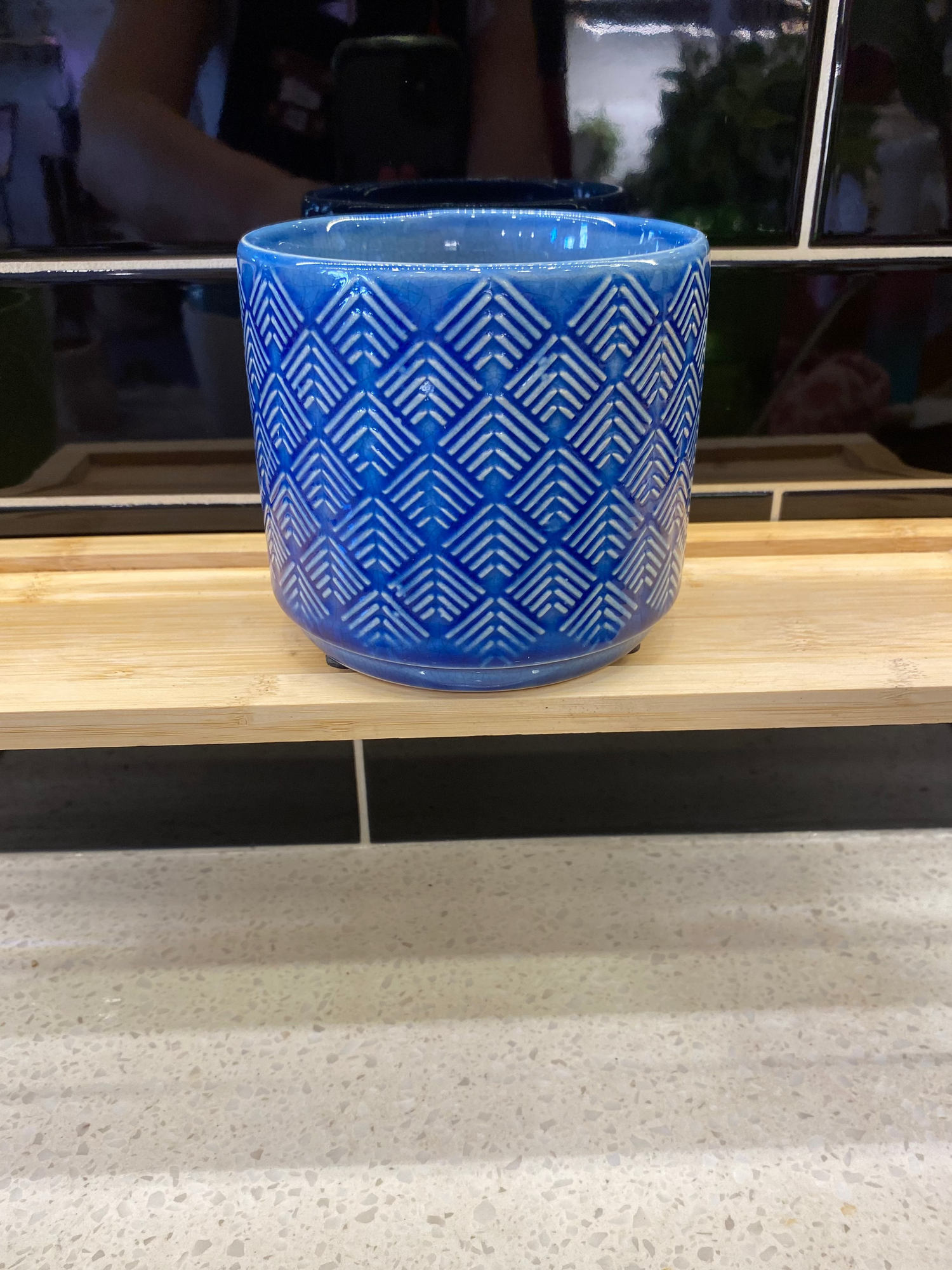 Medium White Pot w/ Blue and Arrow White Design