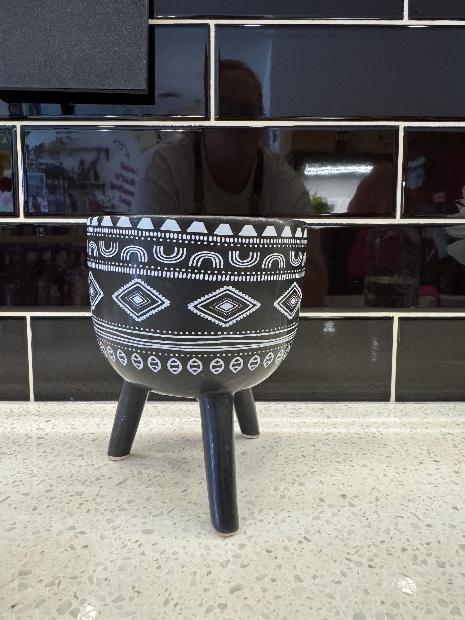 Small Black Patterned Pot with Legs
