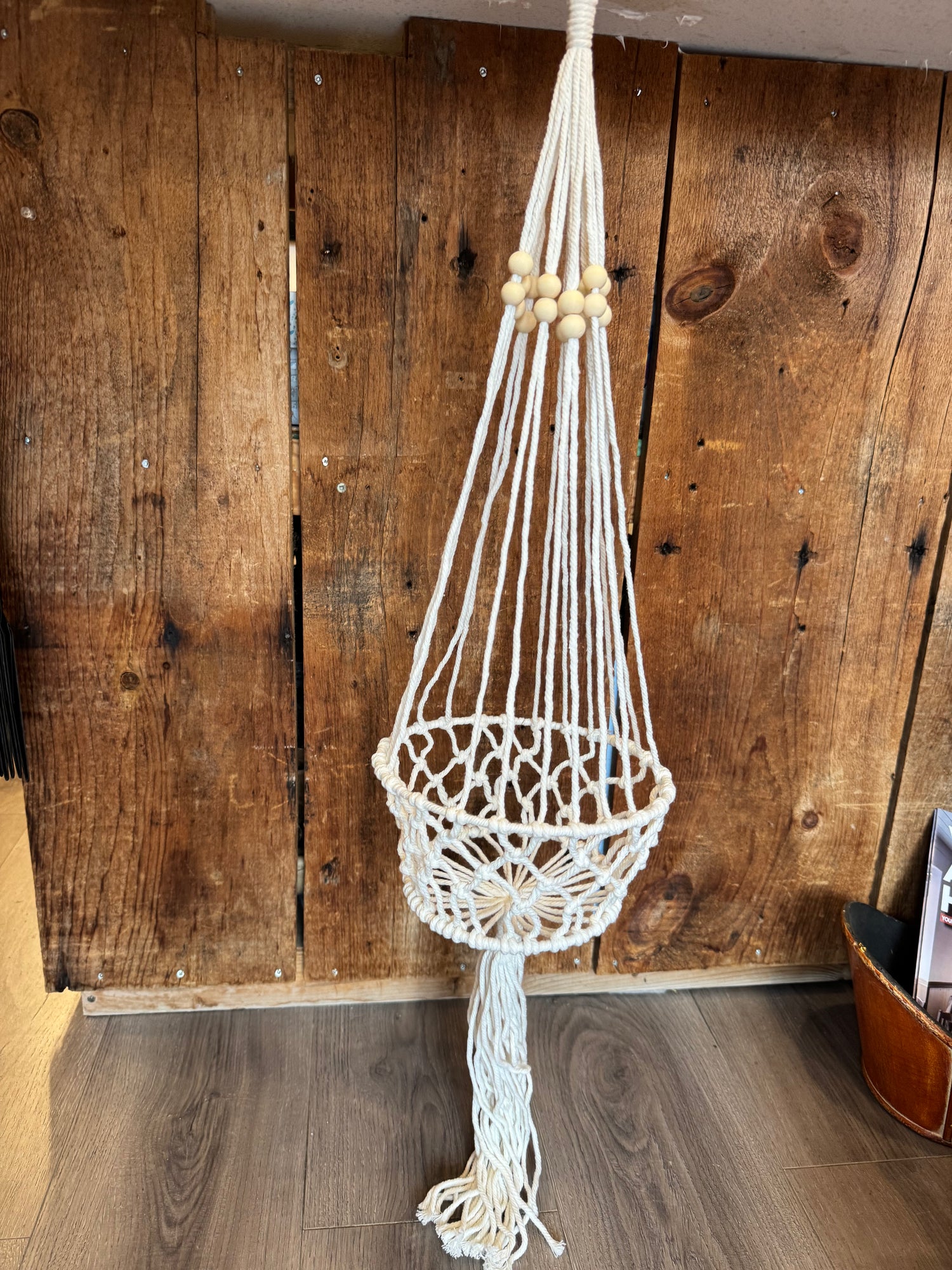 Macrame Basket Pot Holder with Wood Beads