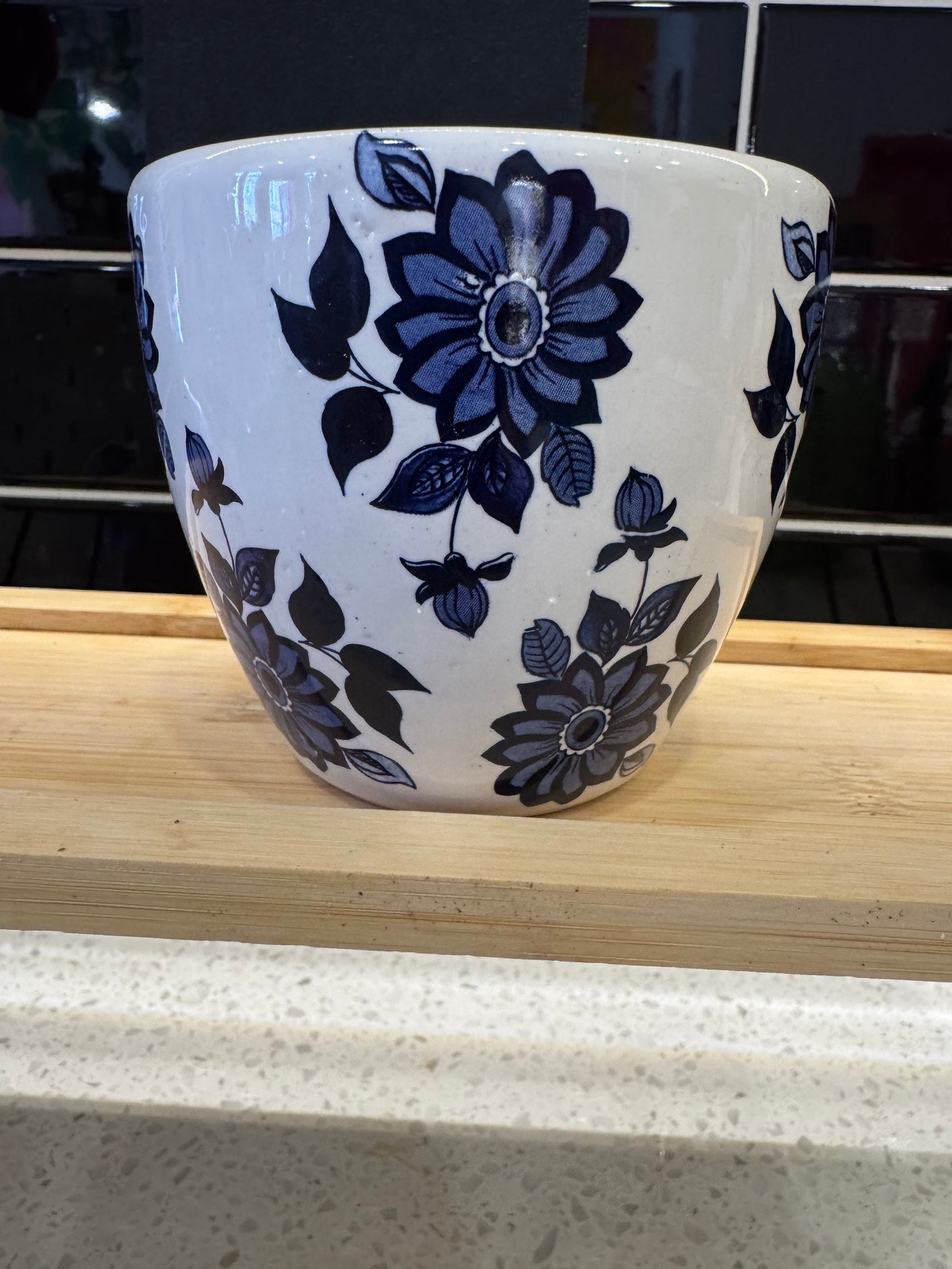 Small White Ceramic Pot With Blue Flowers