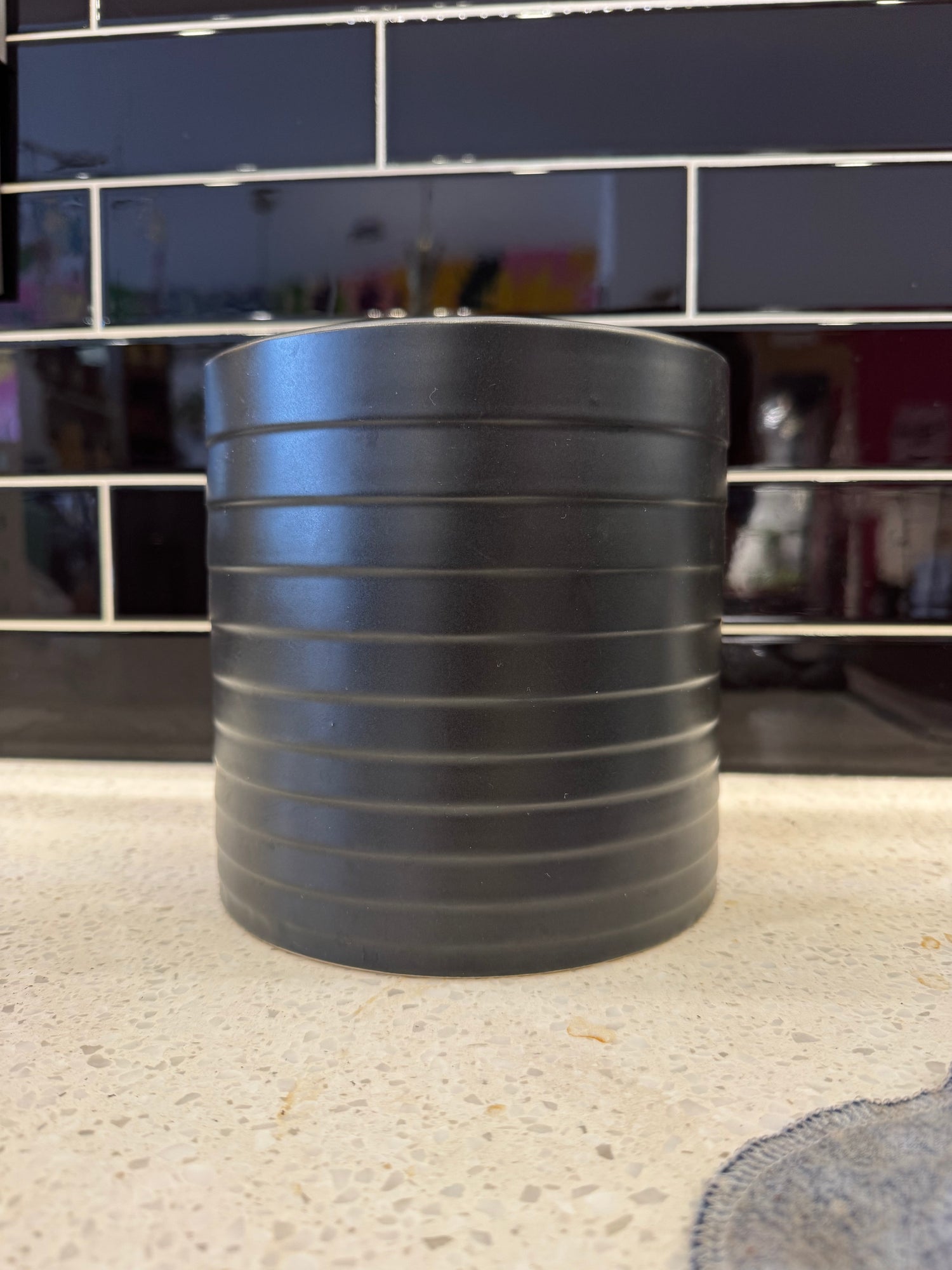 Medium Black Striped Textured Ceramic Pot