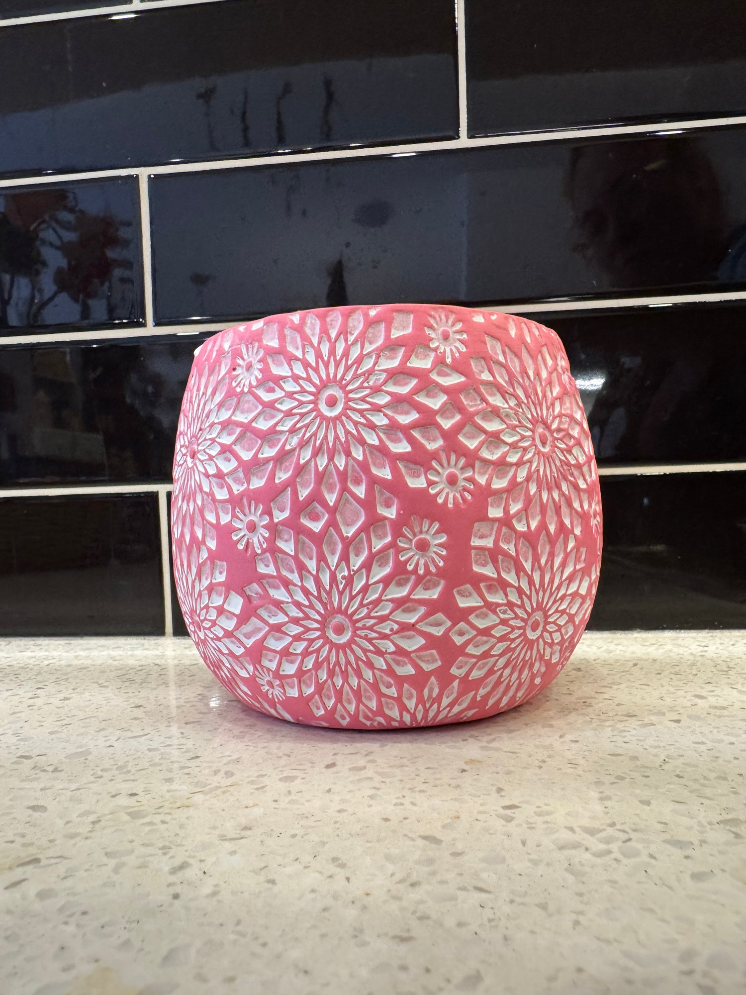 Medium Pink Pot White Floral Pattern Textured