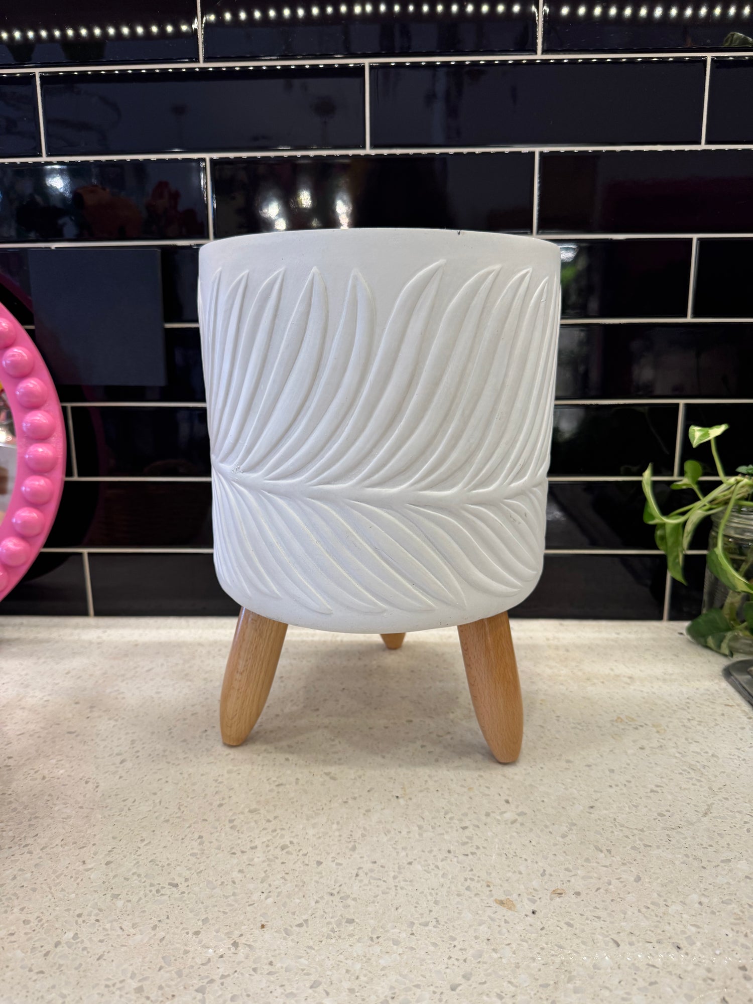 Large Pot w/ Leaf Design and Wooden Legs