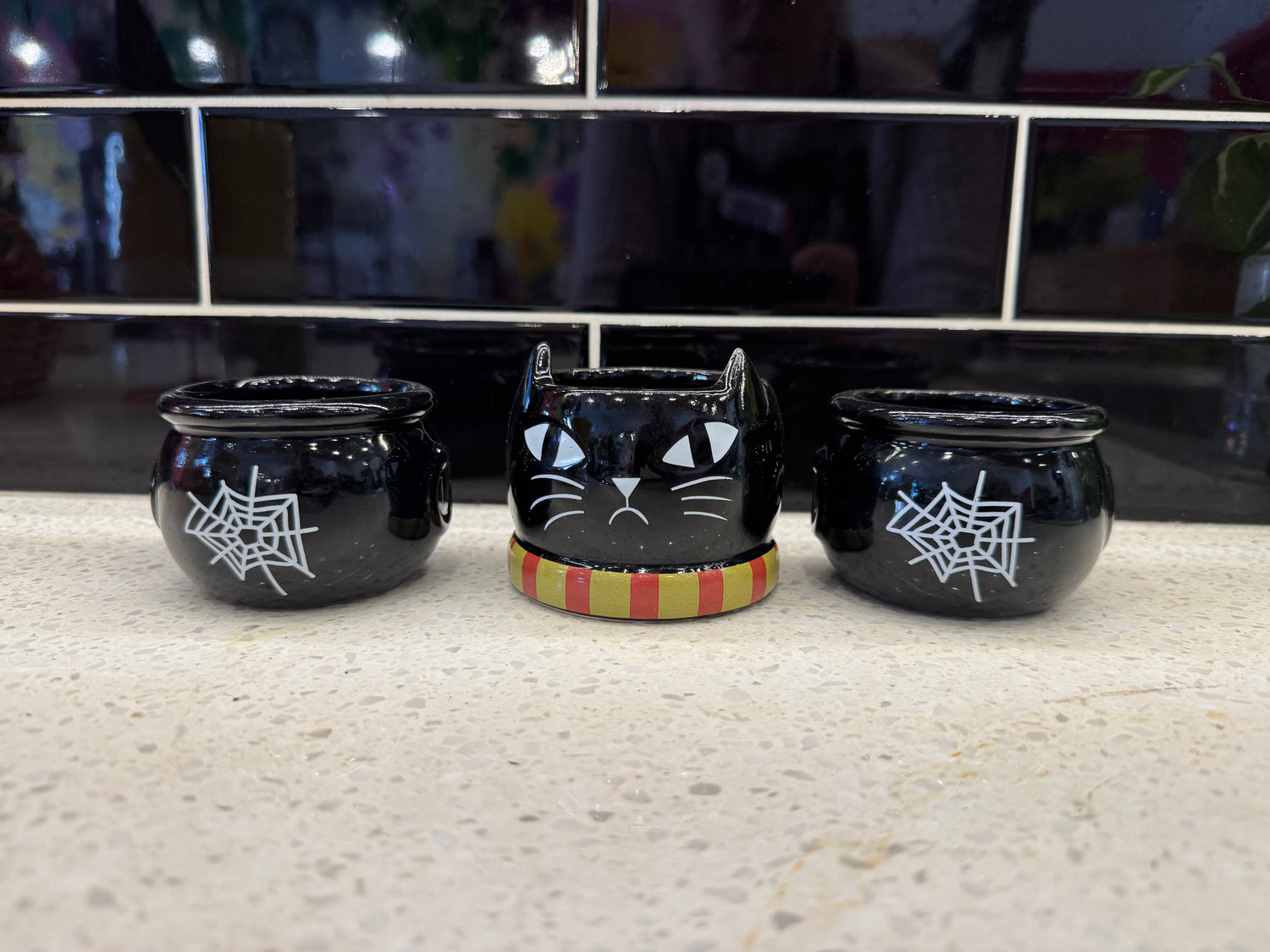 3pc Spooky Kitty Cat with Cauldrons Small Pot Set