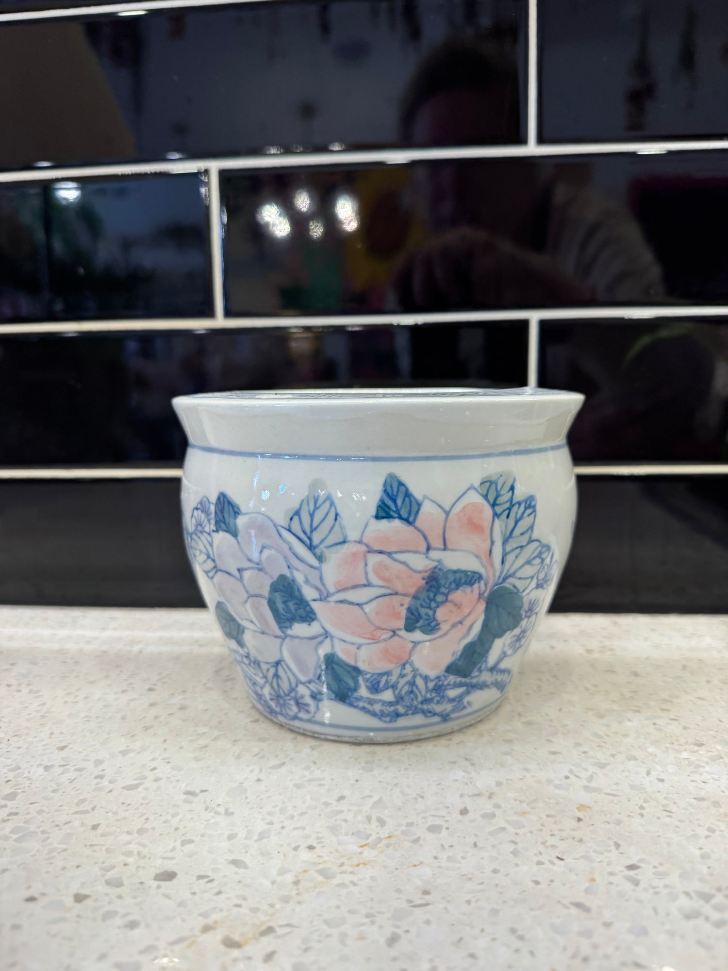 Medium White Blue Floral Pot