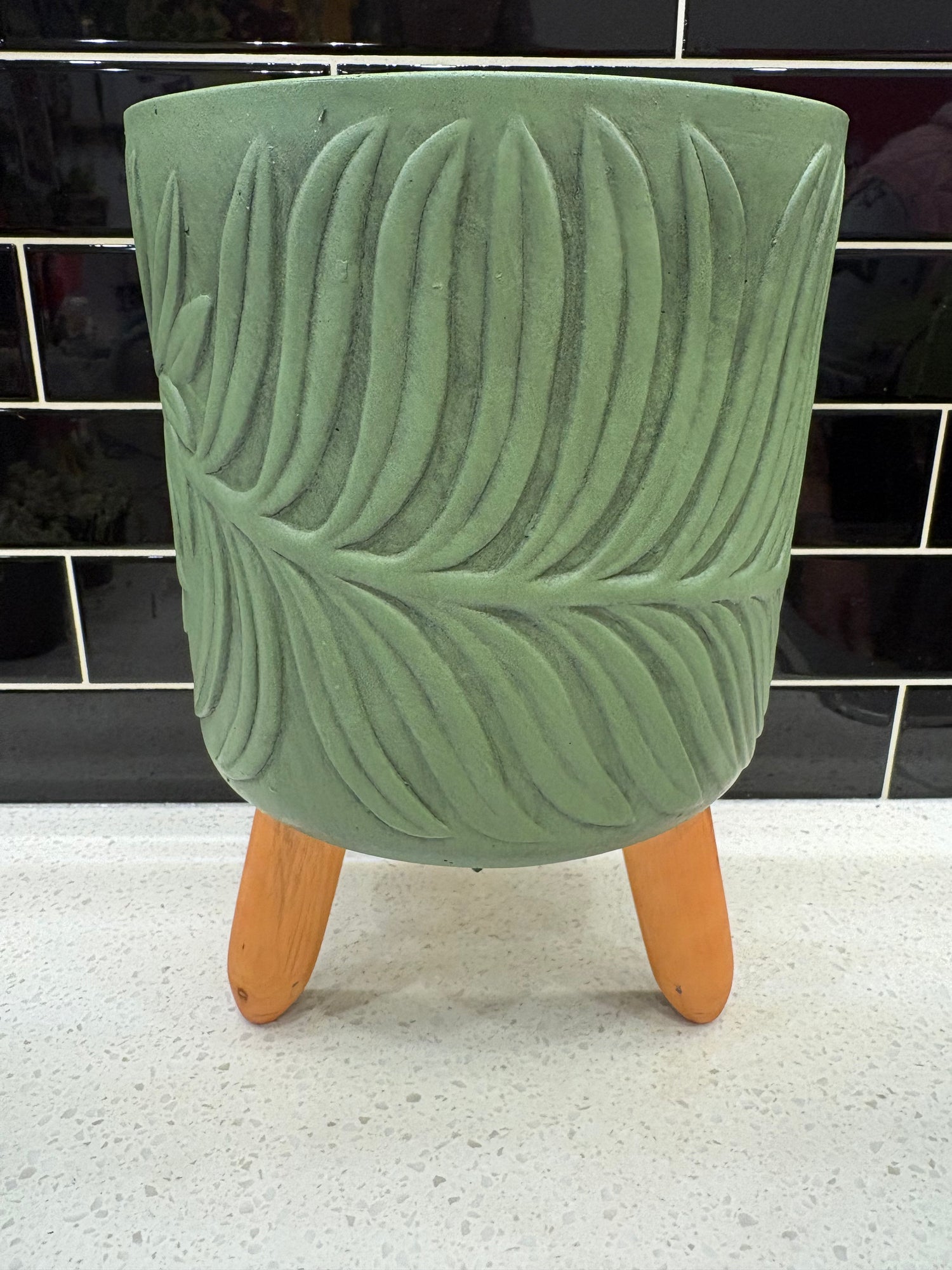 Large Green Pot w/ Leaf Design and Wooden Legs
