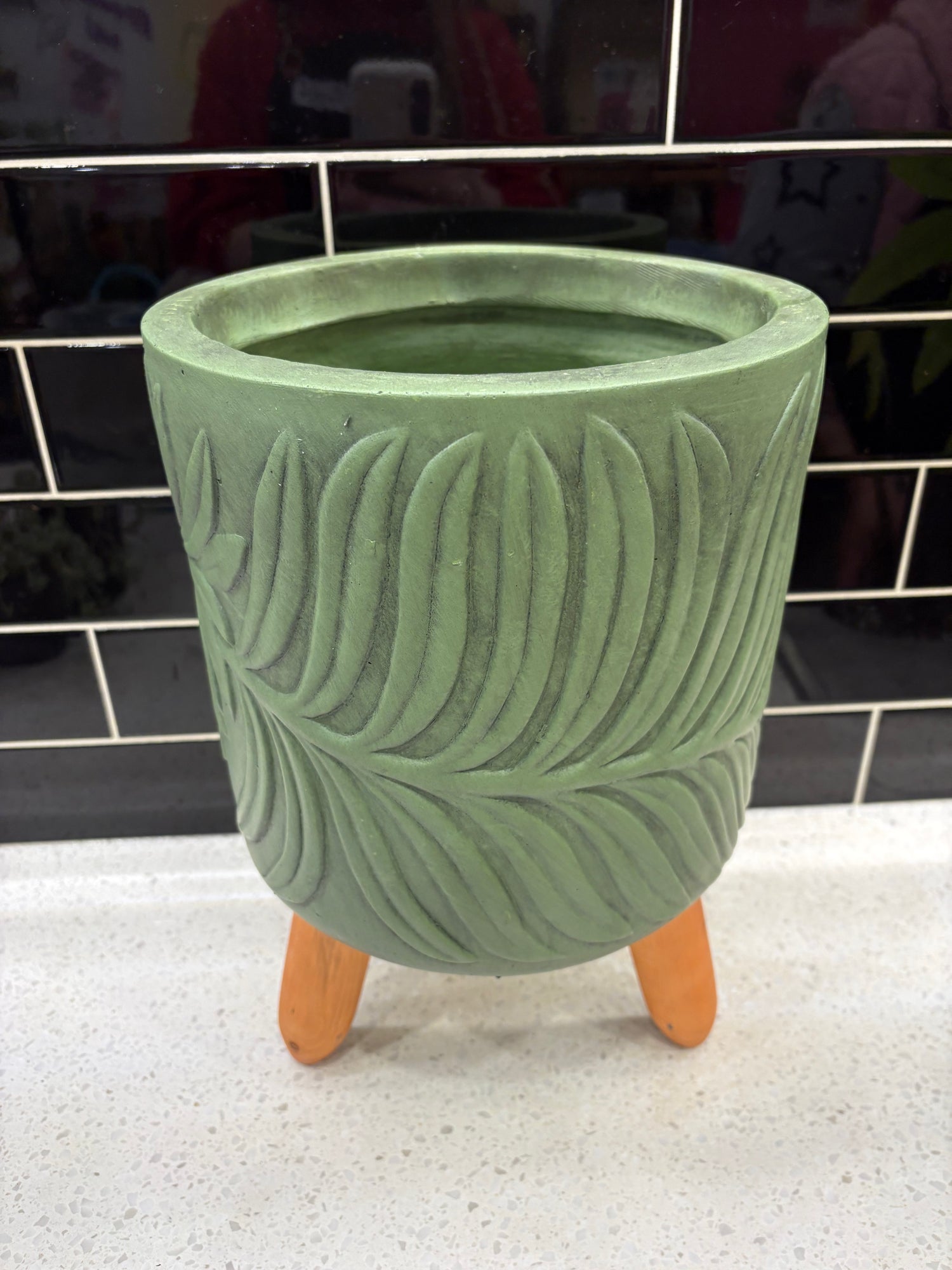 Large Green Pot w/ Leaf Design and Wooden Legs