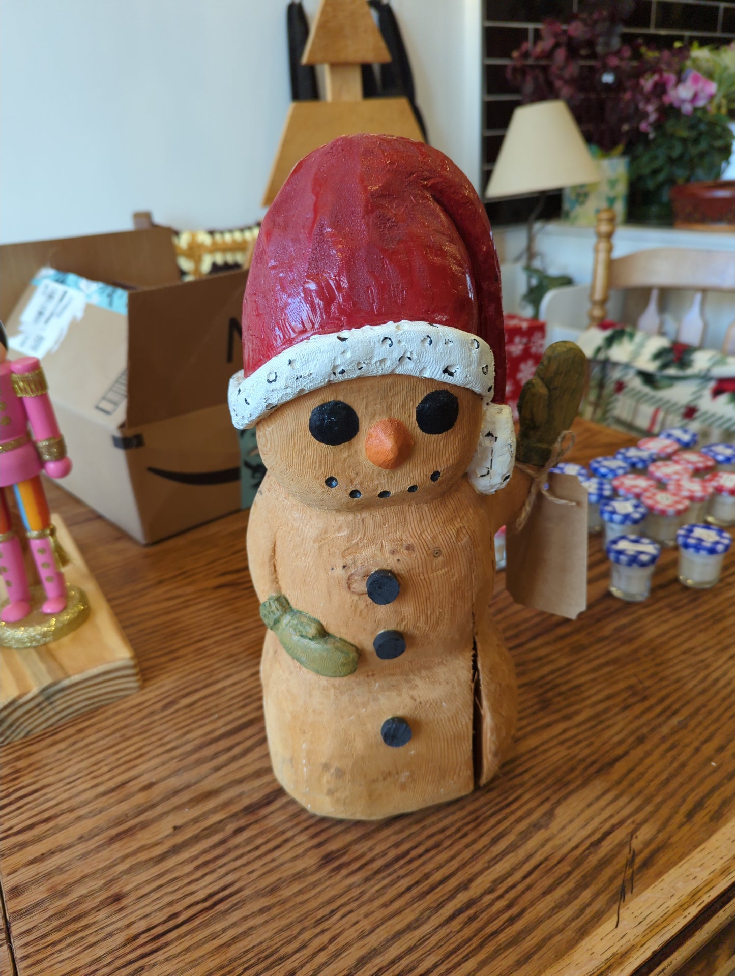 Carved Wooden Brown Snowman