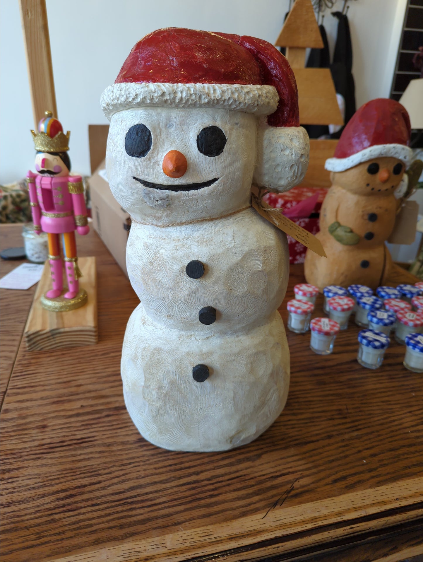 Carved Wooden White Snowman