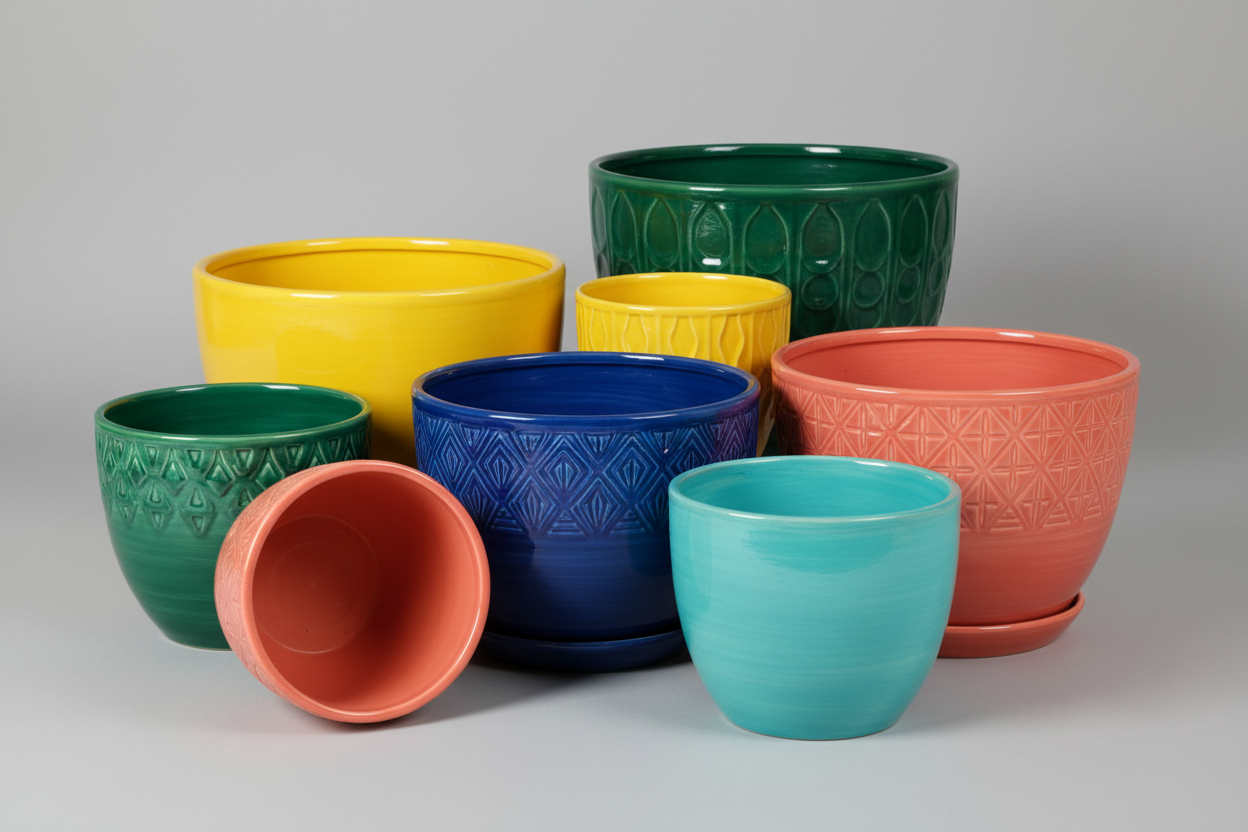 several 10" or larger colourful plant pots with no plants in them
