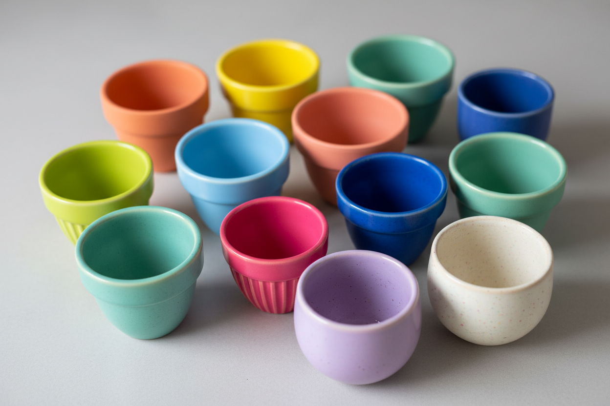 several 4 inch or smaller colourful plant pots with no plants